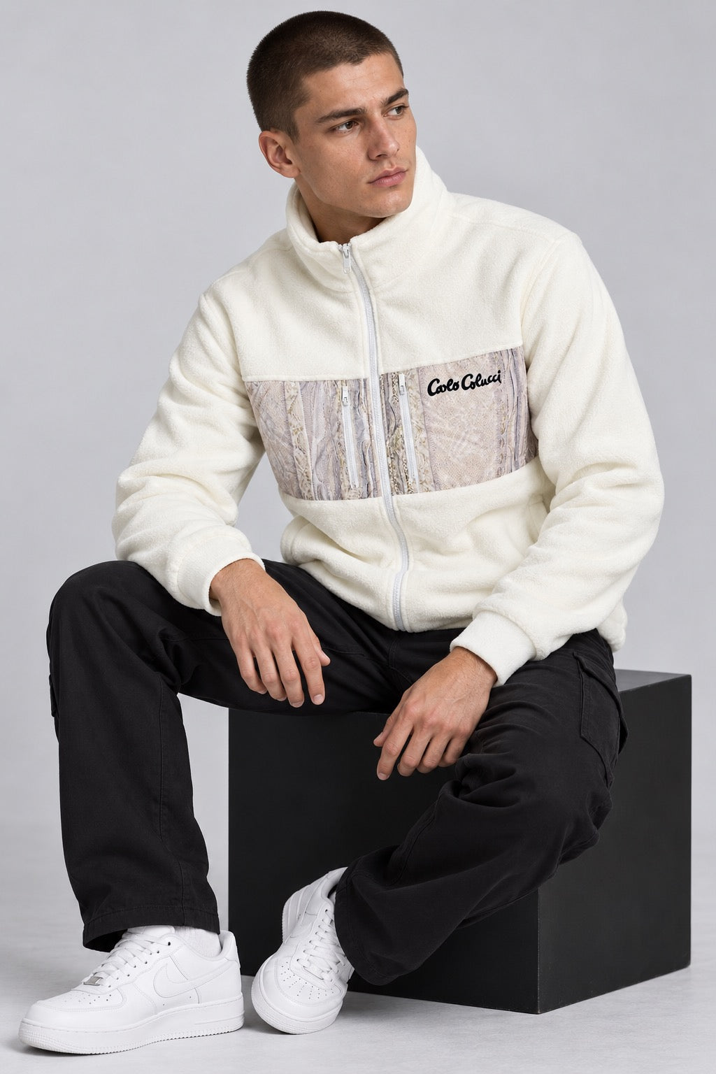 Carlo Colucci Fleece Jacke Teddy Creme Weiß