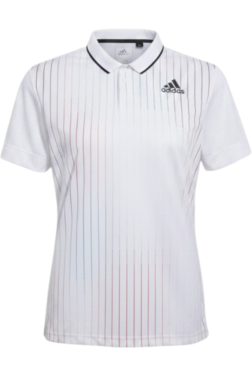 Adidas Herren Poloshirt Freelift Weiß-Blau-Rot Gestreift Größe M