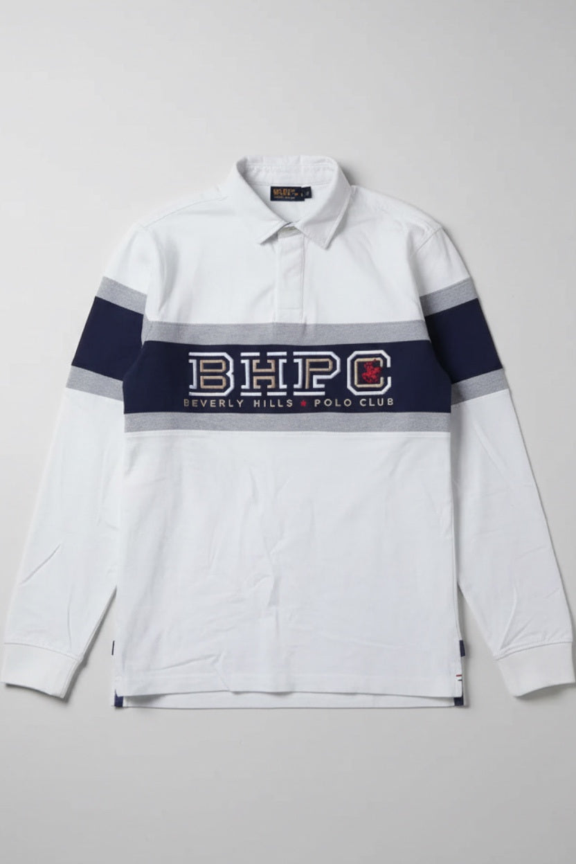 Beverly Hills Polo Club Herren Rugby Shirt Weiß Blau Grau Größe L