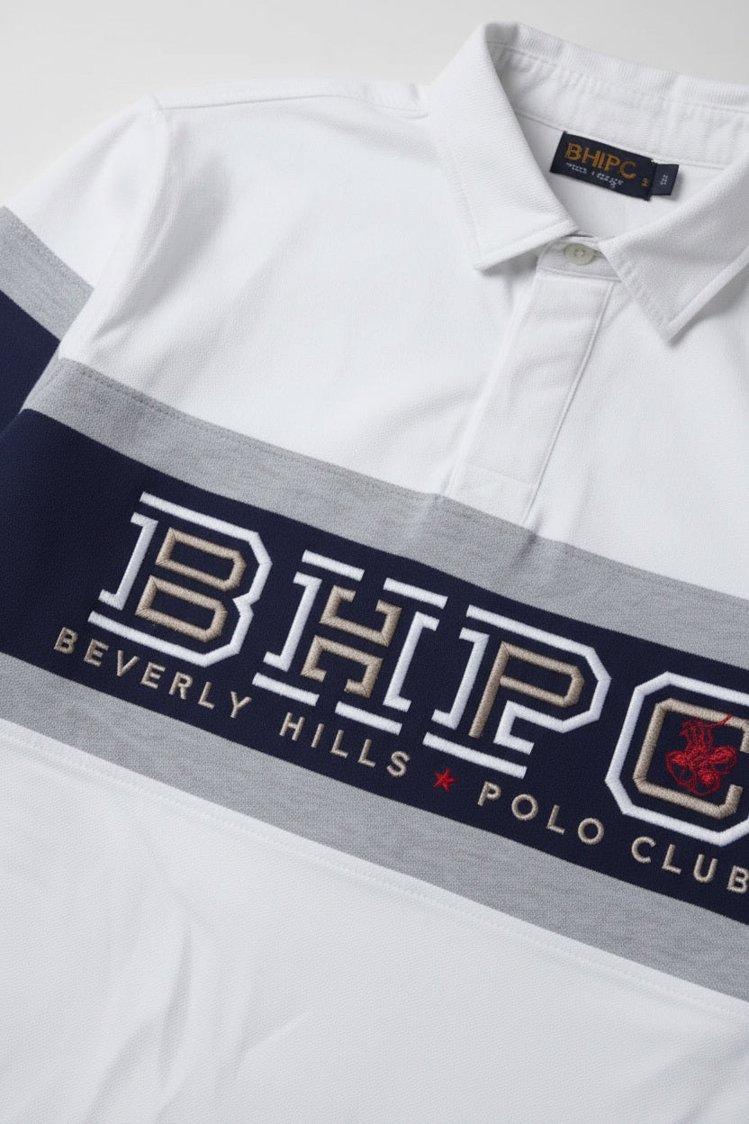 Beverly Hills Polo Club Herren Rugby Shirt Weiß Blau Grau Größe L