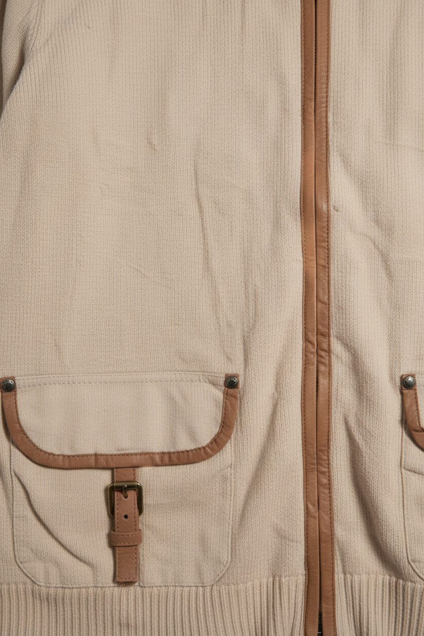 Daily Deals Outlet Lauren Jeans Co. Ralph Lauren beige cotton cardigan with leather trim and buckle pocket detail