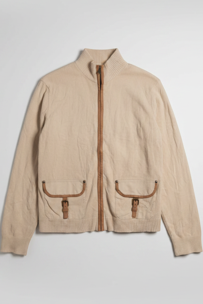 Daily Deals Outlet beige Lauren Jeans Co. Ralph Lauren cotton zip-up cardigan with brown leather trim pockets