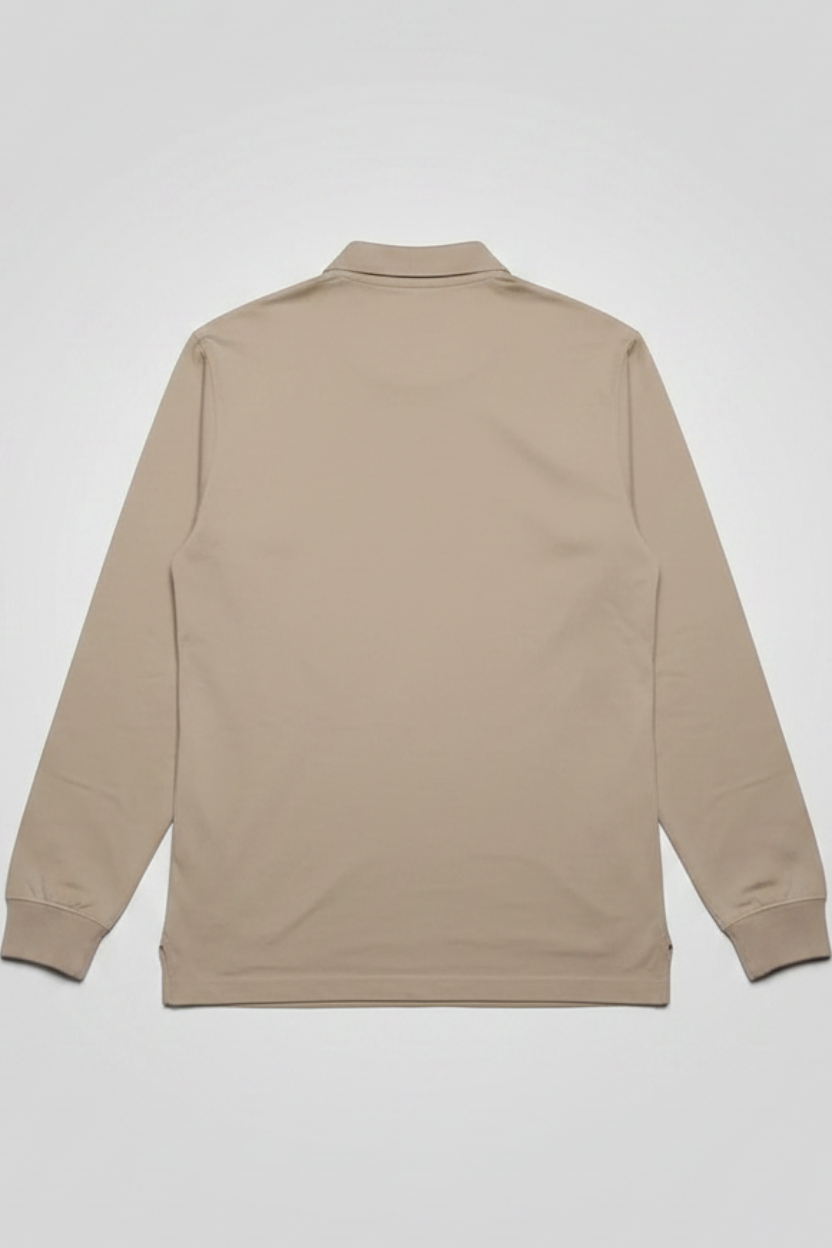 Back view of a beige Daily Deals Outlet Lacoste long-sleeve rugby shirt in 100% cotton.