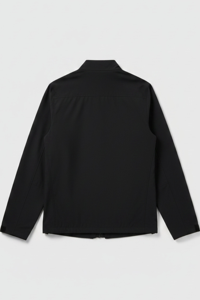 Back view of a black Adidas men's coach jacket made from recycled polyester blend, sold by Daily Deals Outlet.