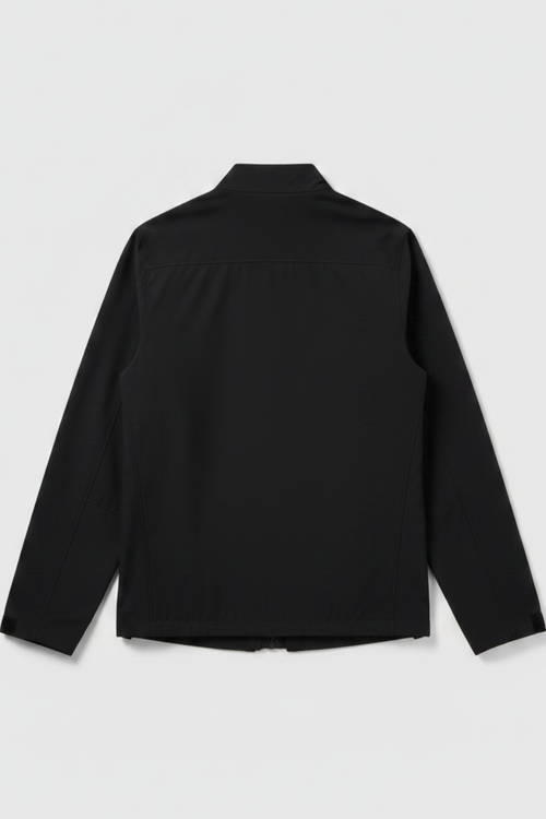 Back view of a black Adidas men's coach jacket made from recycled polyester blend, sold by Daily Deals Outlet.