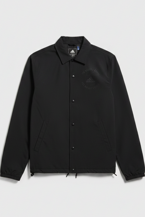 Daily Deals Outlet black Adidas coach jacket made from recycled polyester and elastane with a classic button-up front.