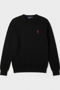 Daily Deals Outlet U.S. Polo Assn. black men's crew neck knit sweater in 100% cotton with red logo embroidery