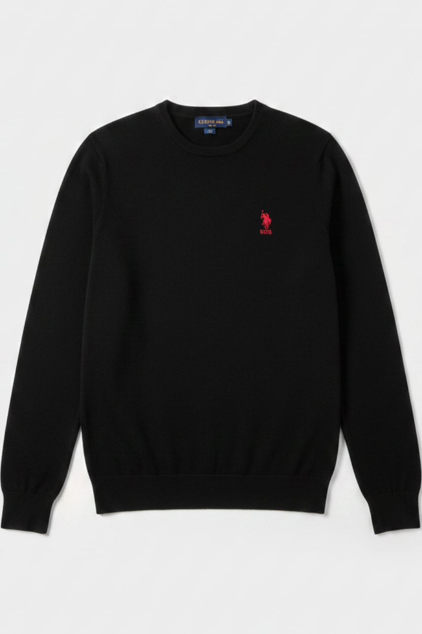 Daily Deals Outlet U.S. Polo Assn. black men's crew neck knit sweater in 100% cotton with red logo embroidery