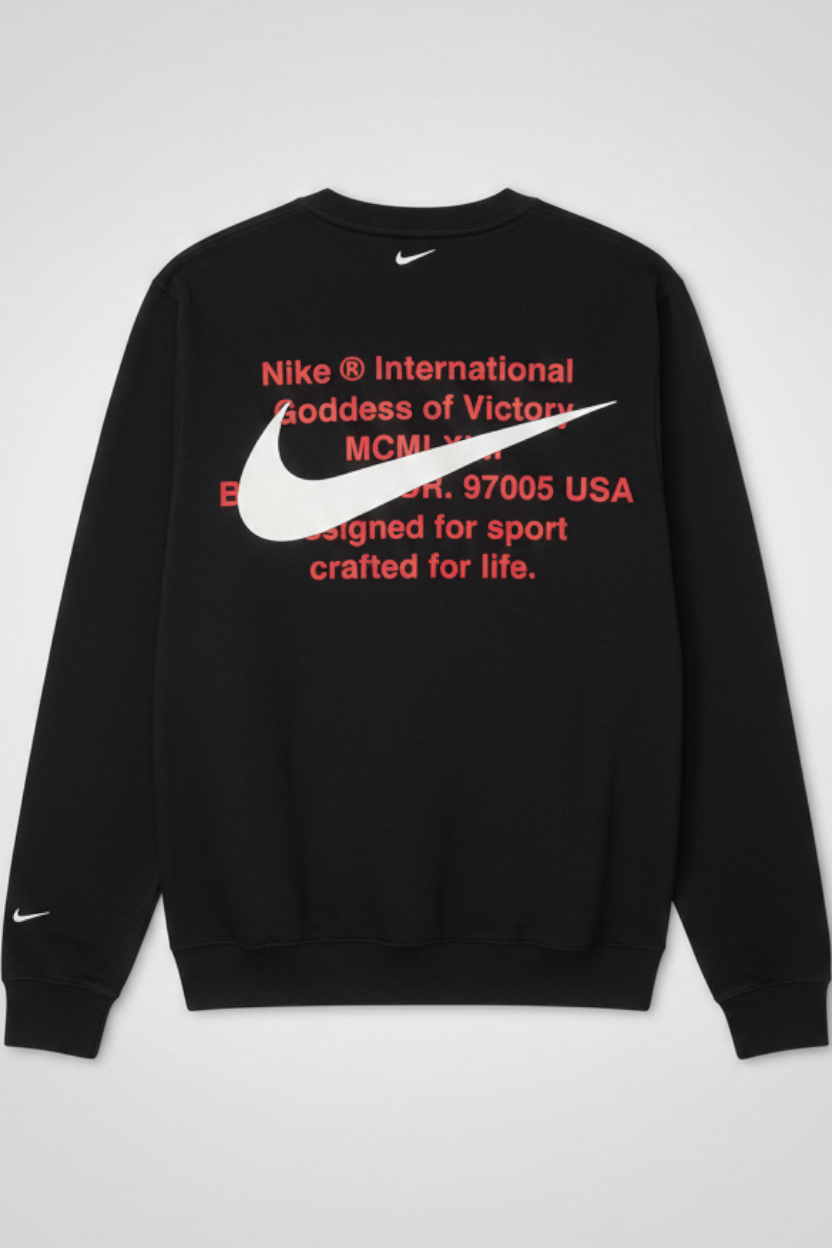 Daily Deals Outlet black Nike sweatshirt for men with a large white swoosh and red graphic print on the back