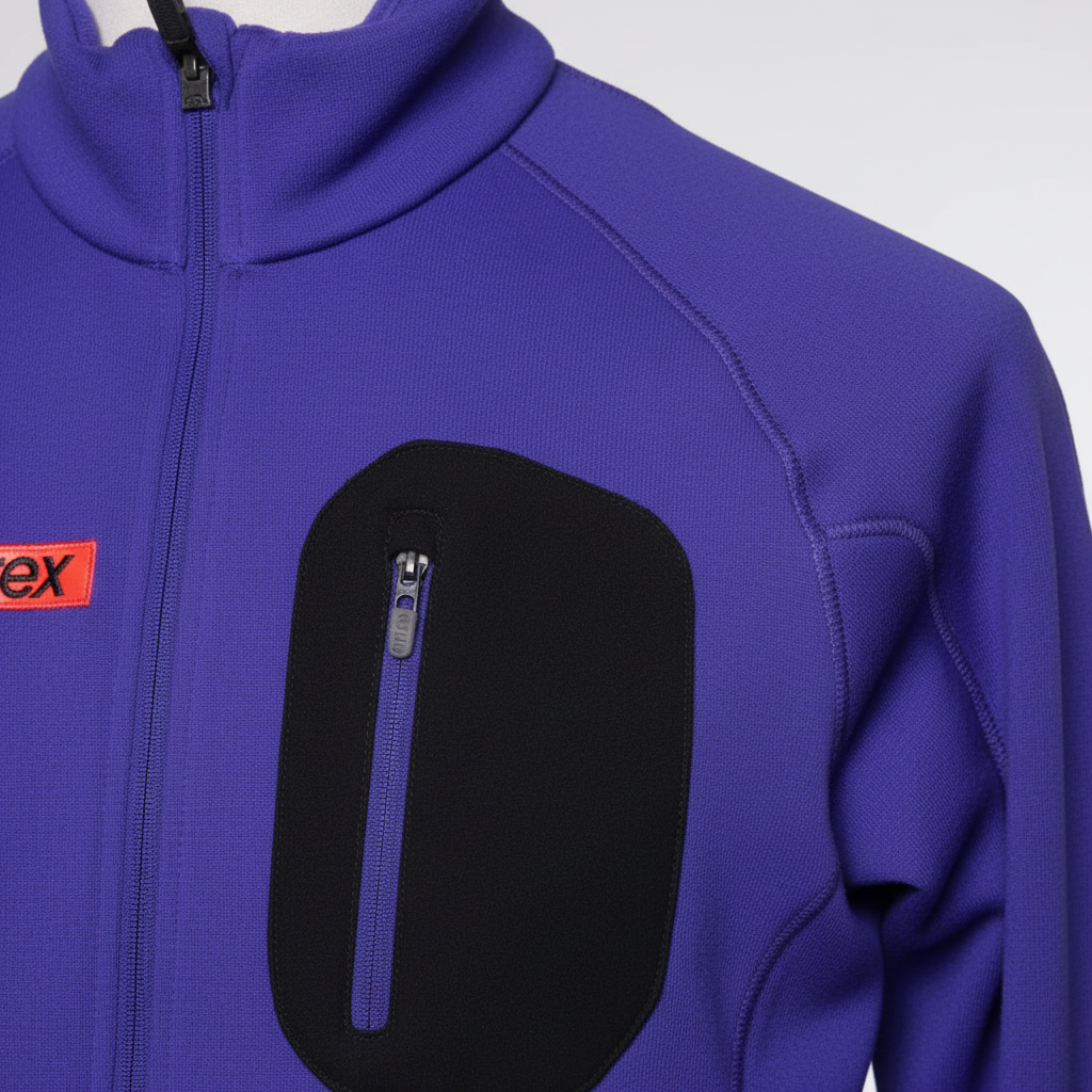 Daily Deals Outlet blue Adidas fleece jacket for men with a black chest pocket and zip-up collar.