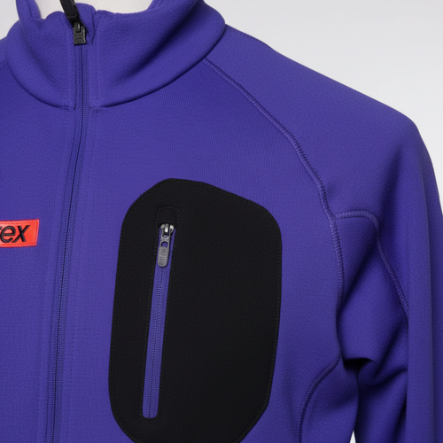 Daily Deals Outlet blue Adidas fleece jacket for men with a black chest pocket and zip-up collar.
