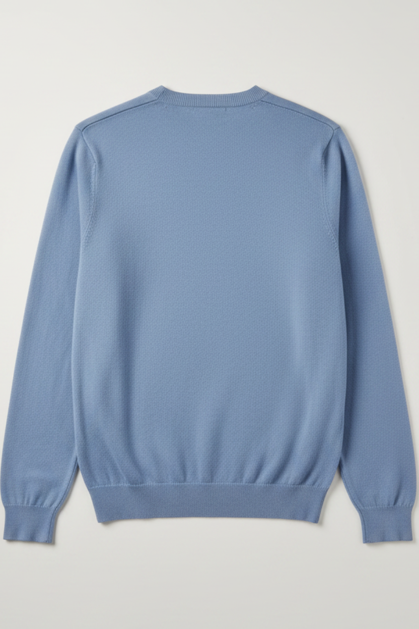 Back view of a blue Polo Ralph Lauren fine knit sweater for men, size XXL, in excellent condition.