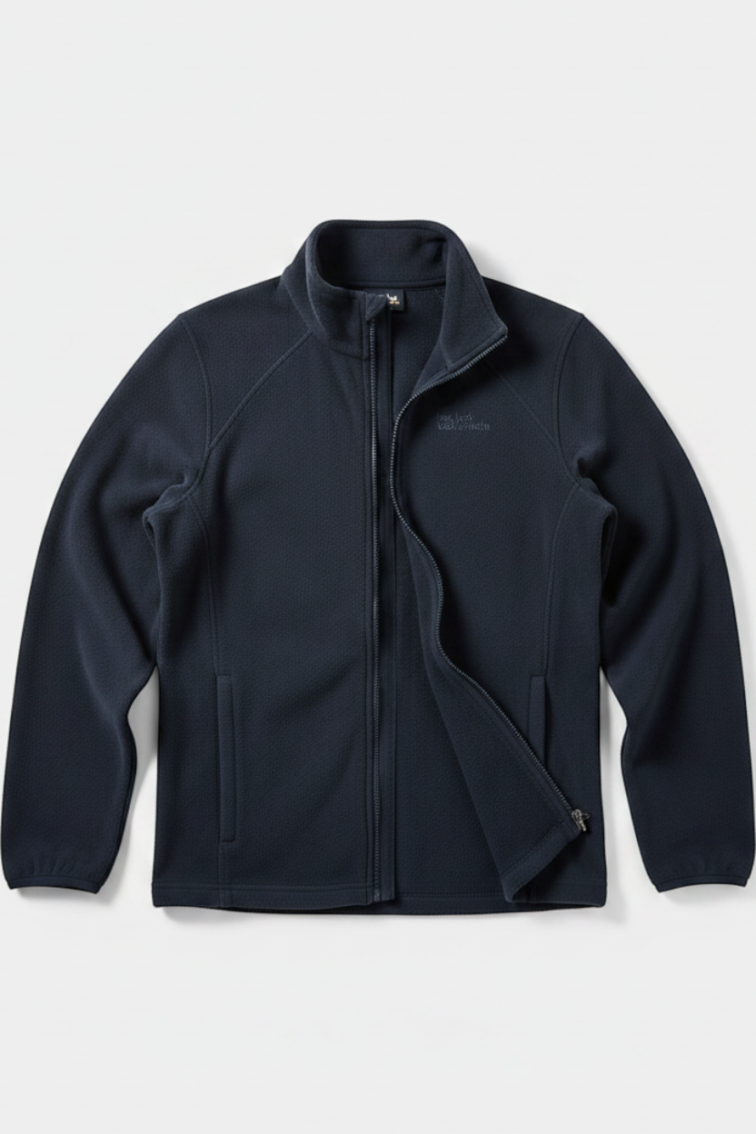 Daily Deals Outlet blue Jack Wolfskin fleece jacket with full zip and high collar, size L, made of polyester.