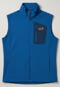 Daily Deals Outlet blue Jack Wolfskin outdoor vest for men with a zippered chest pocket and high collar.