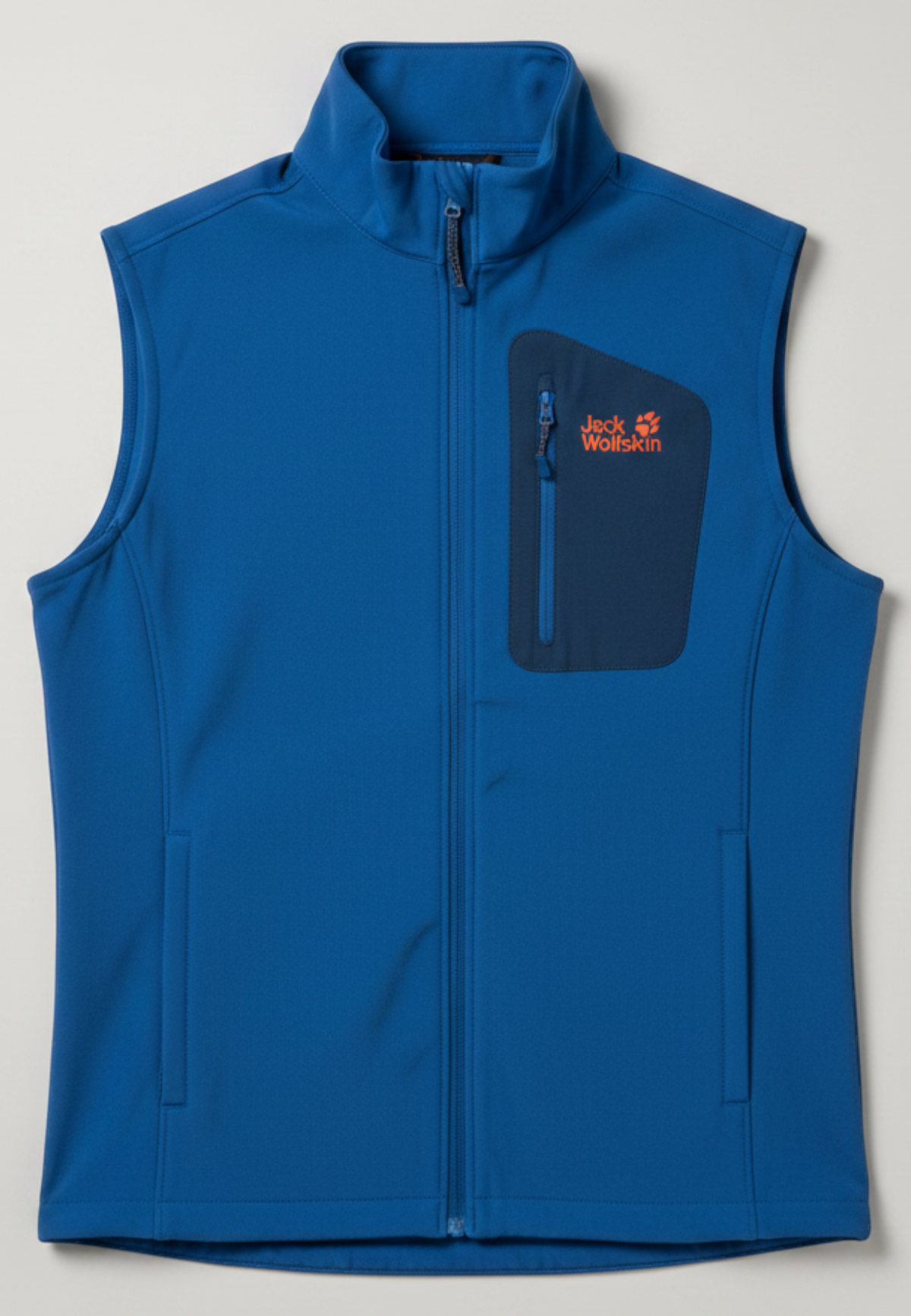 Daily Deals Outlet blue Jack Wolfskin outdoor vest for men with a zippered chest pocket and high collar.