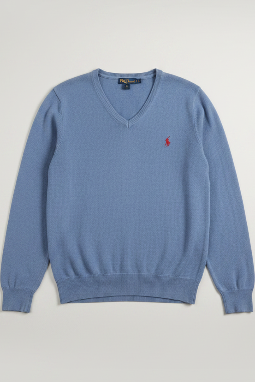 Daily Deals Outlet blue Polo Ralph Lauren V-neck sweater in fine knit fabric with red logo embroidery for men