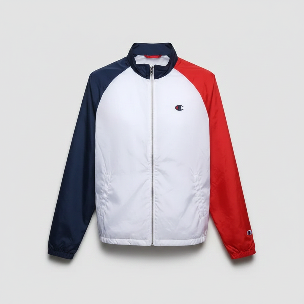 Daily Deals Outlet Champion men's coach jacket in white, blue, and red with a zip front and cotton lining.