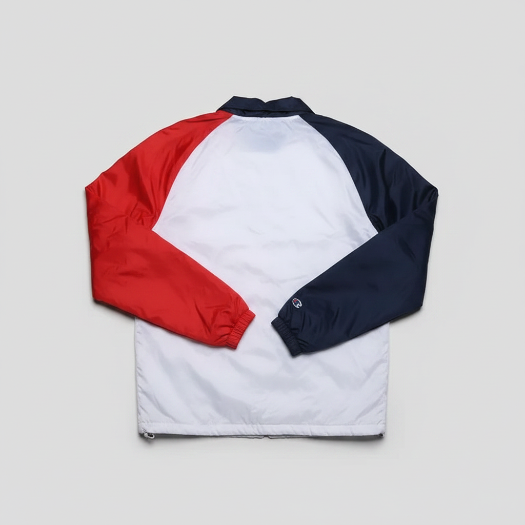 Daily Deals Outlet Champion men's coach jacket in white, blue, and red with a polyester shell and cotton lining.