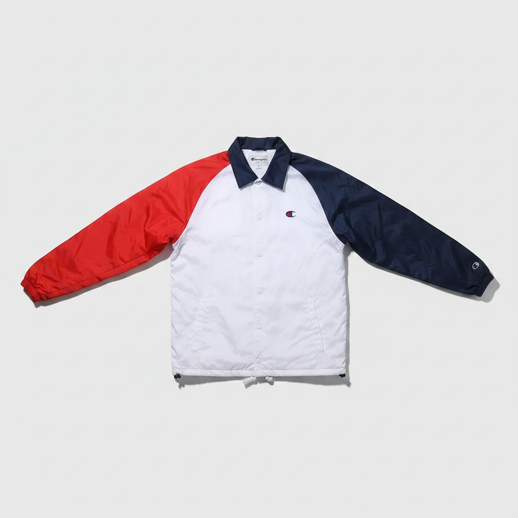 Daily Deals Outlet Champion coach jacket in white with red and blue sleeves, featuring a classic collar and logo.