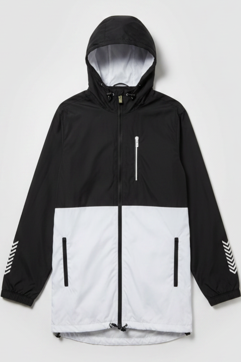 Daily Deals Outlet Hummel men's black and white polyester hooded jacket with long sleeves and zip-up front.