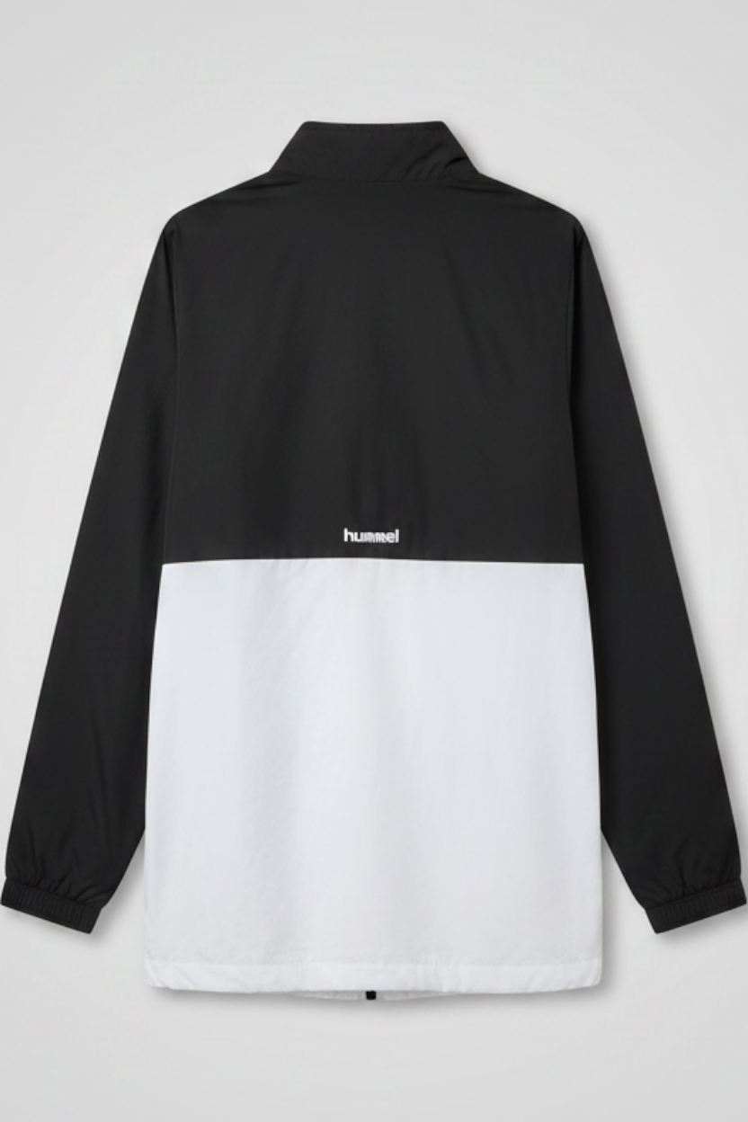 Daily Deals Outlet Hummel men's jacket in black and white polyester, back view showing logo detail.