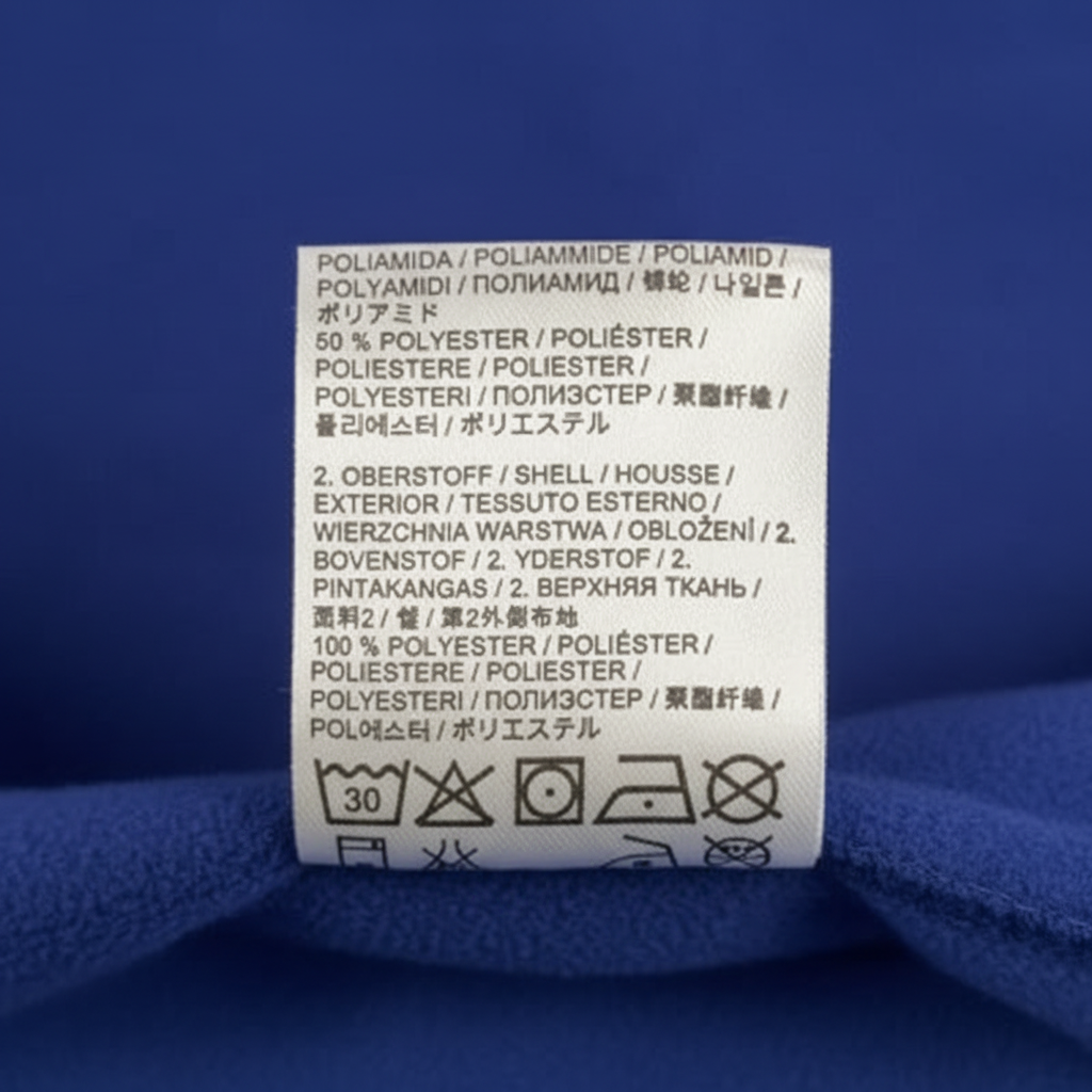 Daily Deals Outlet Jack Wolfskin blue outdoor vest care label showing polyester and polyamide material composition