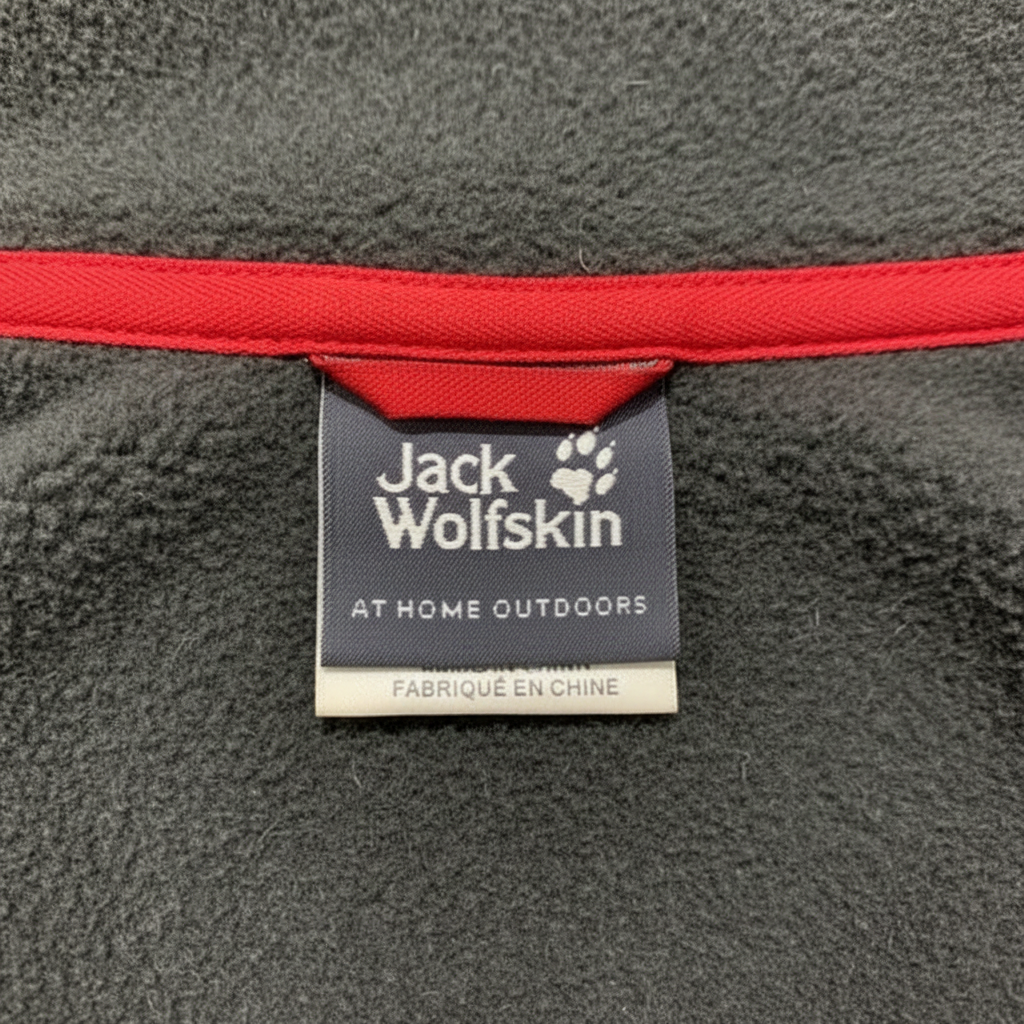 Daily Deals Outlet Jack Wolfskin fleece jacket interior label with red trim on grey polyester fabric