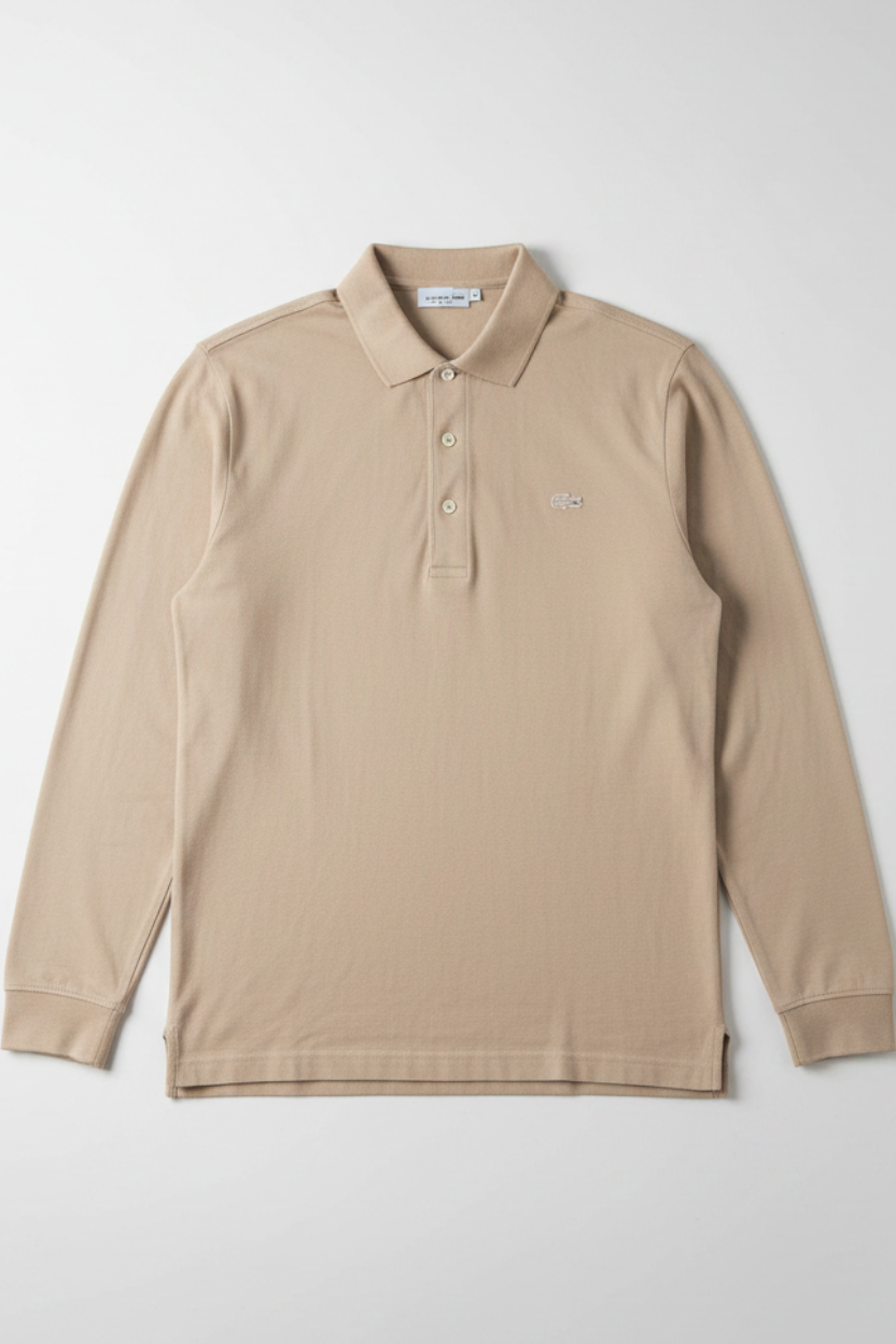 Daily Deals Outlet Lacoste beige long-sleeve rugby shirt in 100% cotton with a classic collar and button placket.