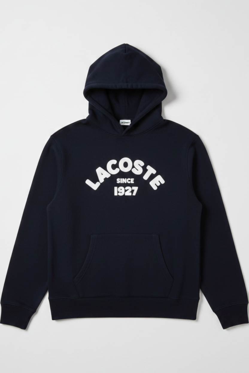 Daily Deals Outlet blue Lacoste hoodie with white graphic print, featuring a hood and front kangaroo pocket.