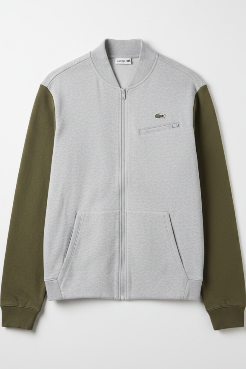 Daily Deals Outlet Lacoste Sport men's bomber jacket in grey and green cotton-polyester blend with zip closure.