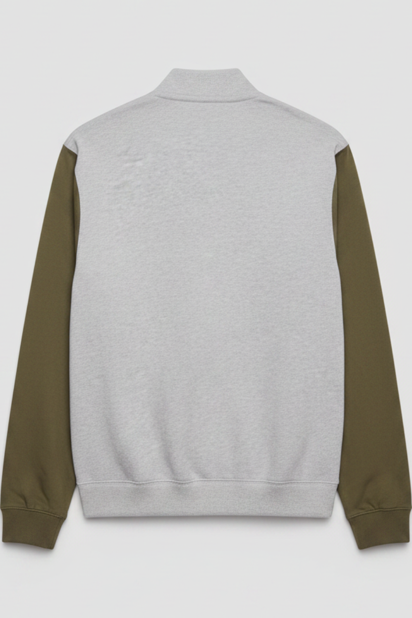 Back view of a grey and green Lacoste Sport bomber jacket for men, made from a cotton-polyester blend.