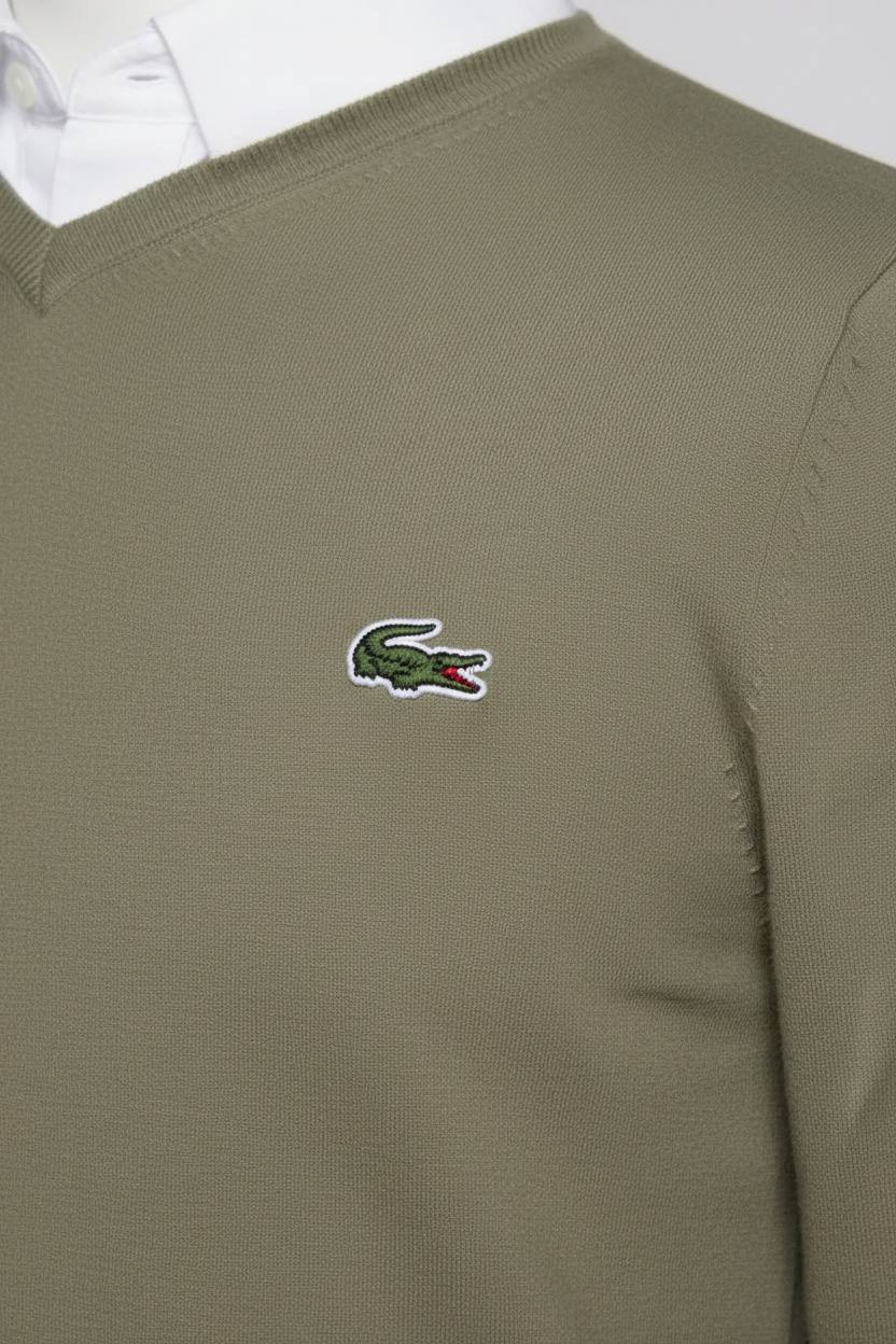 Daily Deals Outlet Lacoste Sport green and white fine knit cotton blend V-neck sweater with embroidered logo
