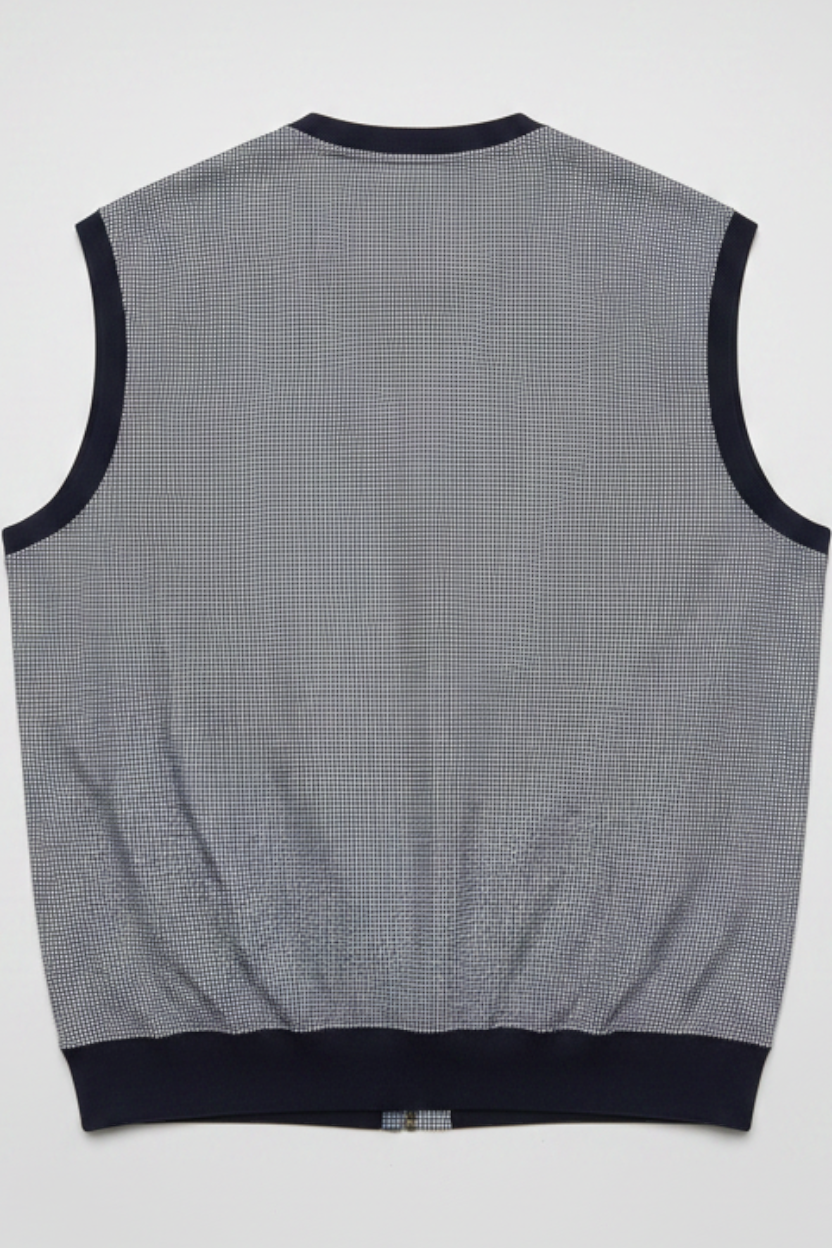 Back view of a Daily Deals Outlet Polo Golf Ralph Lauren men's vest in blue and white with a fine checkered pattern.
