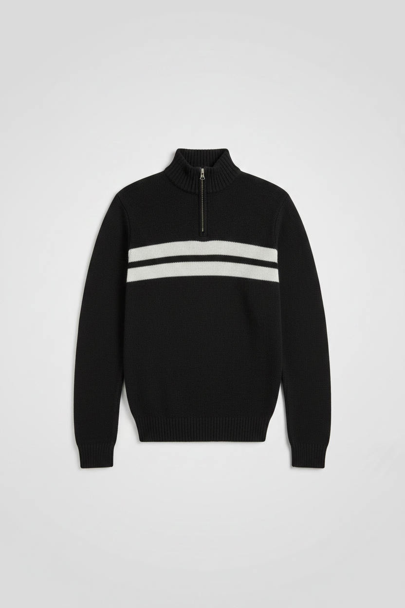 Daily Deals Outlet Polo Jeans Company Ralph Lauren men's black and grey striped cotton chunky knit quarter-zip sweater