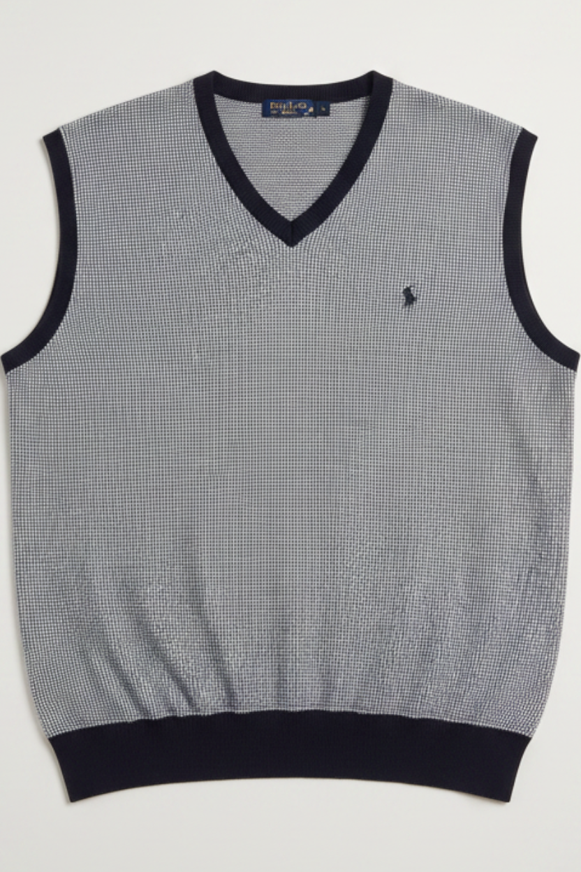 Daily Deals Outlet Polo Golf Ralph Lauren men's V-neck sweater vest in blue and white with small logo embroidery.