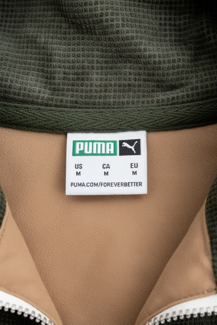 Daily Deals Outlet Puma shirt label in beige and green with size M tag and textured fabric detail.