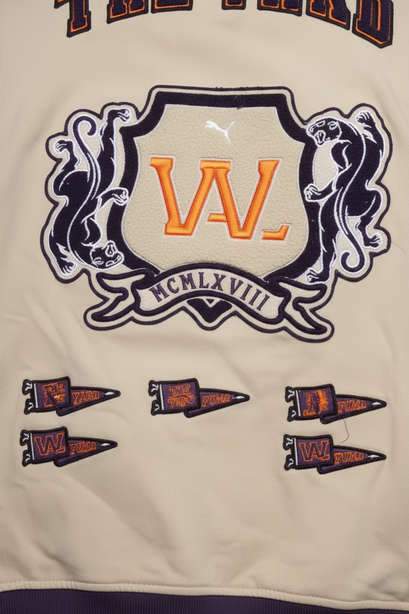 Daily Deals Outlet Puma varsity jacket in beige with purple and orange embroidered crest and pennant patches