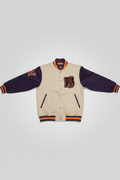 Daily Deals Outlet Puma varsity jacket in beige, purple, and orange with graphic print and cotton blend fabric.