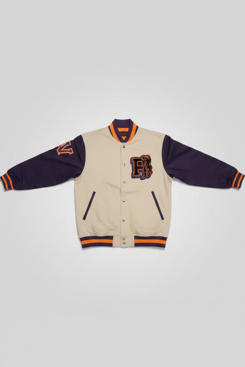 Daily Deals Outlet Puma varsity jacket in beige, purple, and orange with graphic print and cotton blend fabric.