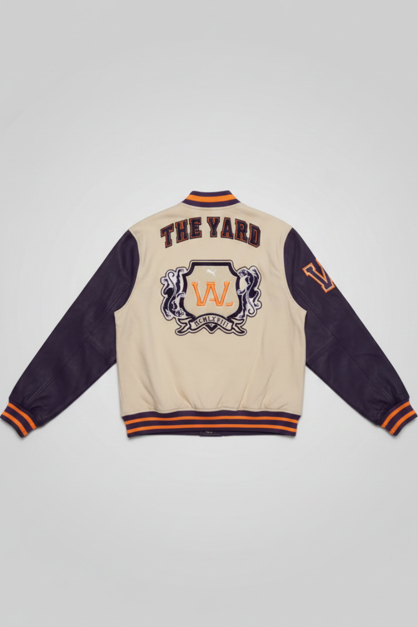 Daily Deals Outlet Puma varsity jacket in beige and purple with orange graphic print on the back