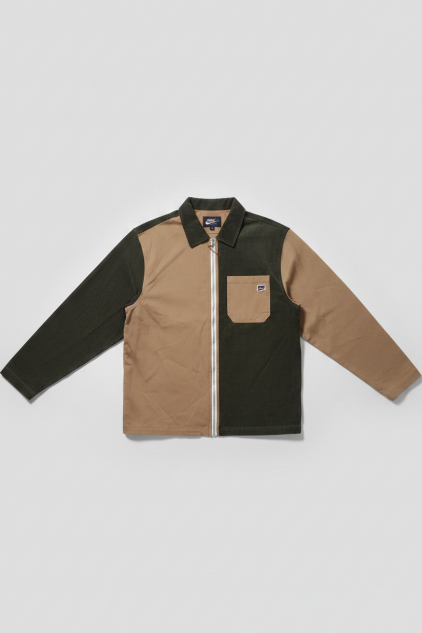 Daily Deals Outlet Puma men's zip-up shirt in a two-tone beige and olive green cotton blend with a chest pocket.