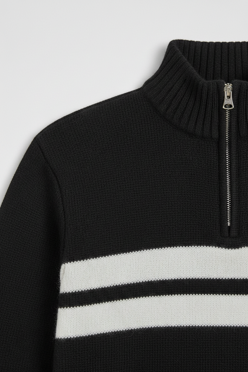 Daily Deals Outlet Polo Jeans Ralph Lauren men's black and grey striped cotton quarter-zip chunky knit sweater.