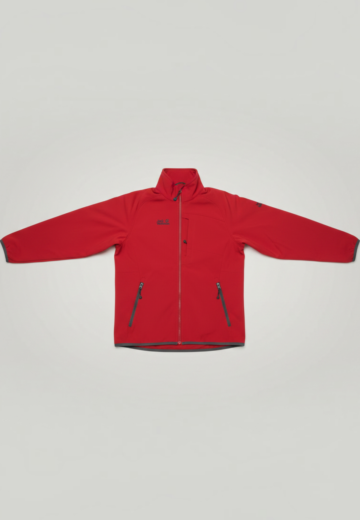 Daily Deals Outlet red Jack Wolfskin men's fleece jacket with a full-zip front and zippered pockets.