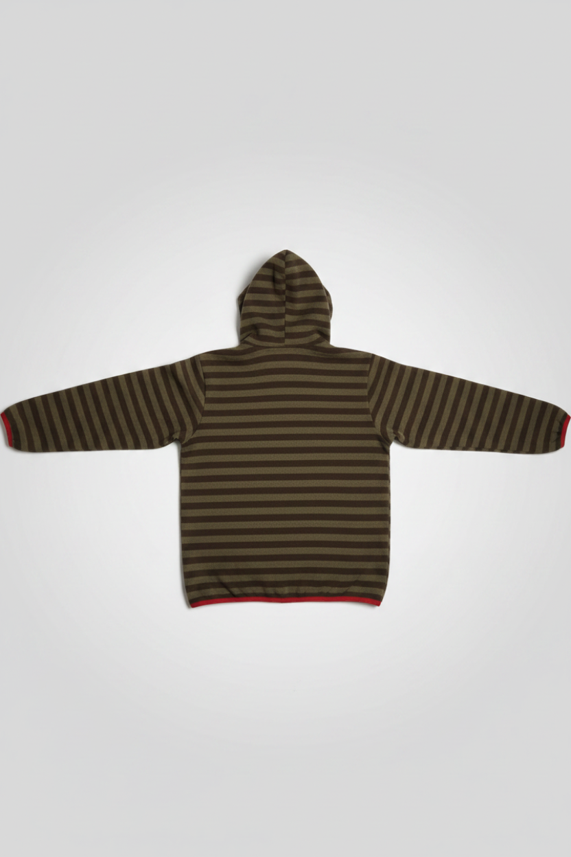 Daily Deals Outlet Jack Wolfskin men's green and red striped fleece hoodie, back view, 100% polyester.