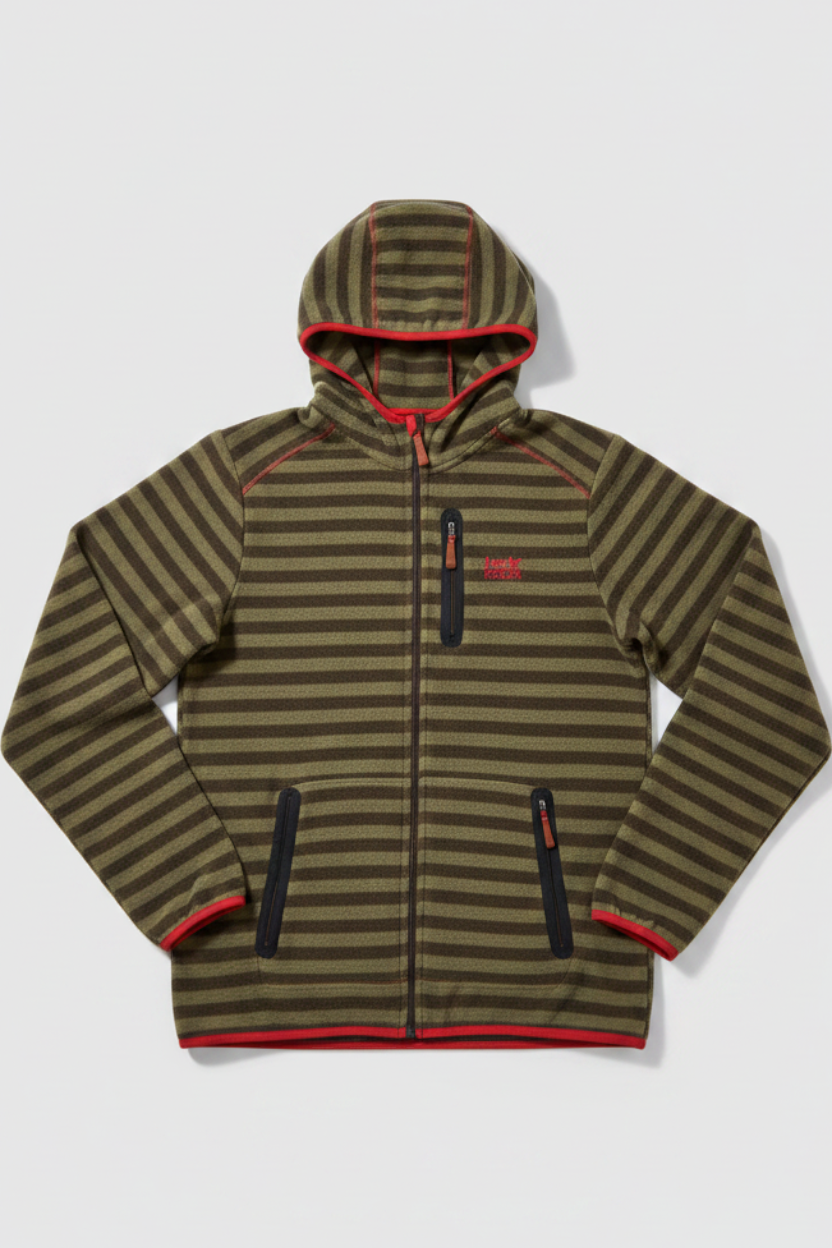 Daily Deals Outlet Jack Wolfskin men's green and red striped fleece jacket with hood and zip pockets