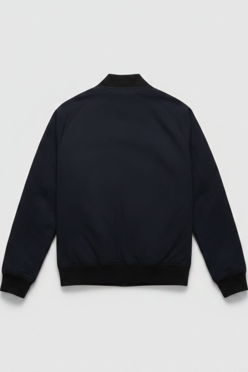 Daily Deals Outlet Vans blue cotton bomber jacket for men, back view, featuring ribbed collar and cuffs.