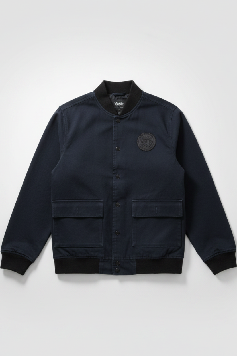 Daily Deals Outlet Vans men's blue cotton bomber jacket with black ribbed collar and cuffs and front patch pockets.