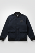Daily Deals Outlet Vans men's blue cotton bomber jacket with black ribbed collar and cuffs and front patch pockets.