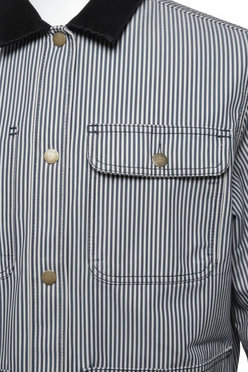 Daily Deals Outlet Vans denim jacket in blue and white stripes with a black collar and brass button details