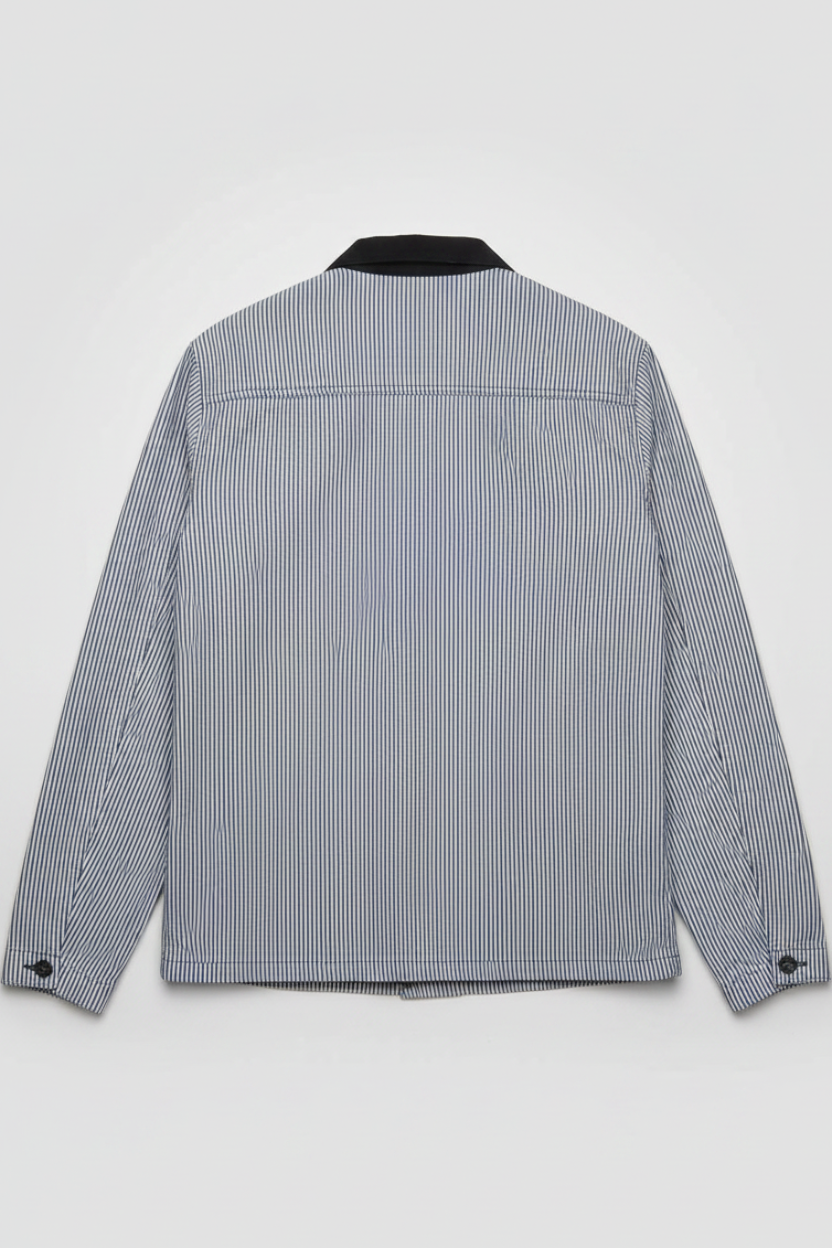 Daily Deals Outlet Vans men's denim jacket in blue and white stripes with a dark collar, back view.